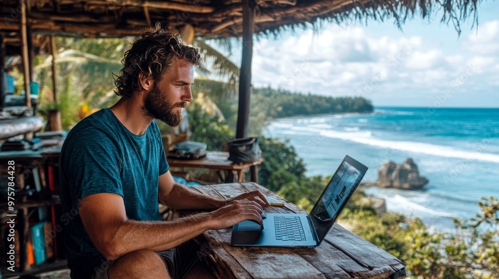 Man working on laptop by the beach, embracing the freedom of remote work flexibility Man working on laptop by the beach, embracing the freedom of remote work flexibility