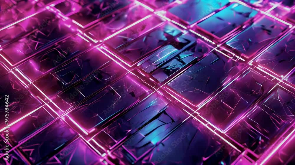 Abstract digital design featuring glowing neon lines and textured panels. Abstract digital design featuring glowing neon lines and textured panels.