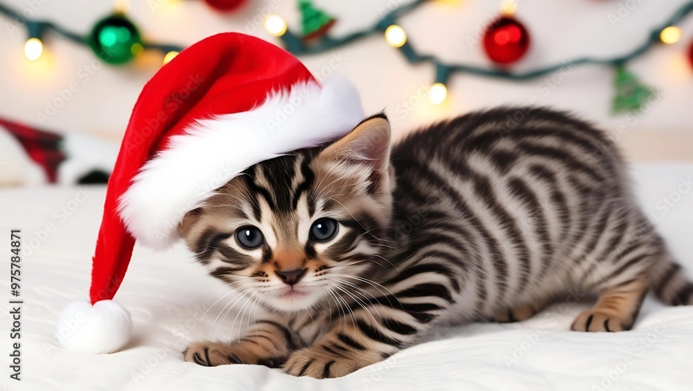 A high-quality photo of an adorable striped Scottish Fold kitten, wearing a red Santa hat, exploring a cozy white bed. The background is a festive blur of Christmas lights, enhancing the cheerful. A high-quality photo of an adorable striped Scottish Fold kitten, wearing a red Santa hat, exploring a cozy white bed. The background is a festive blur of Christmas lights, enhancing the cheerful.