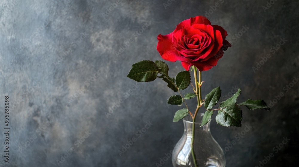 A stunning red rose in full bloom, displayed in a glass vase, its deep velvety petals capturing elegance and passion. A stunning red rose in full bloom, displayed in a glass vase, its deep velvety petals capturing elegance and passion.