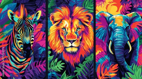 Set of three posters featuring a lion, a zebra, and an elephant stepping out of the jungle into a vibrant, colorful scene in oil painting style