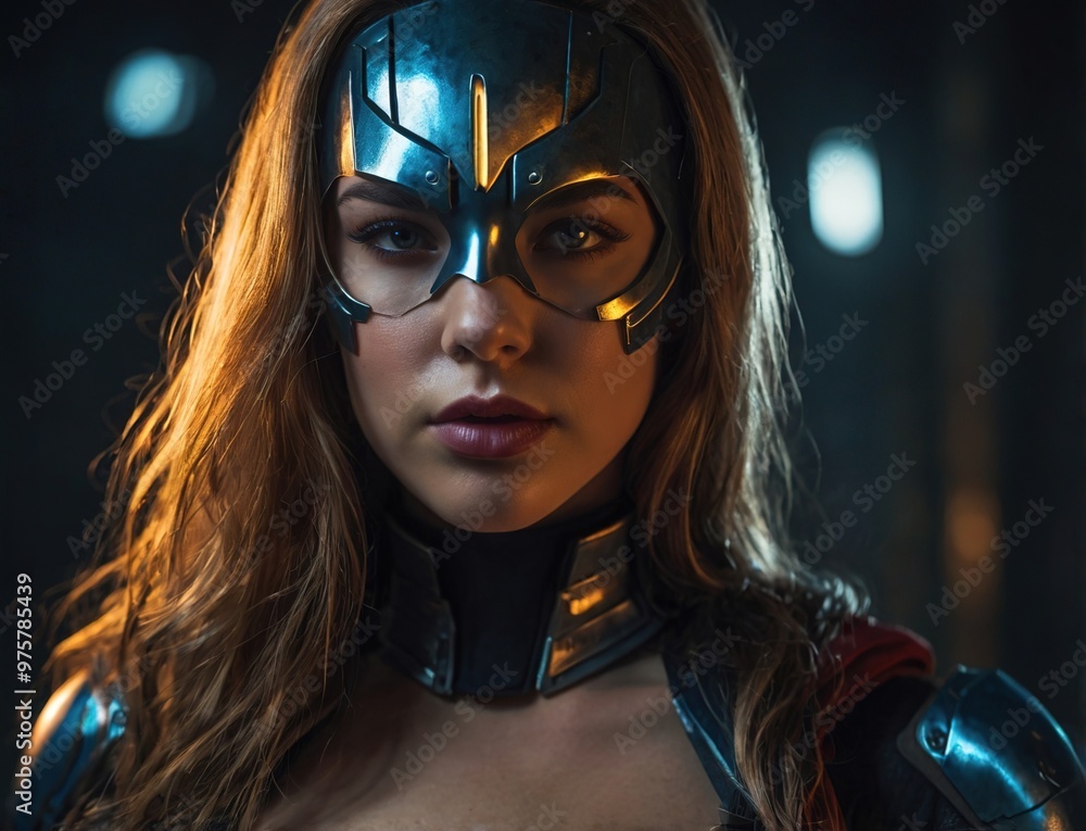 A determined female superhero stands confidently in a dimly lit urban setting, ready to face challenges and protect her city A determined female superhero stands confidently in a dimly lit urban setting, ready to face challenges and protect her city
