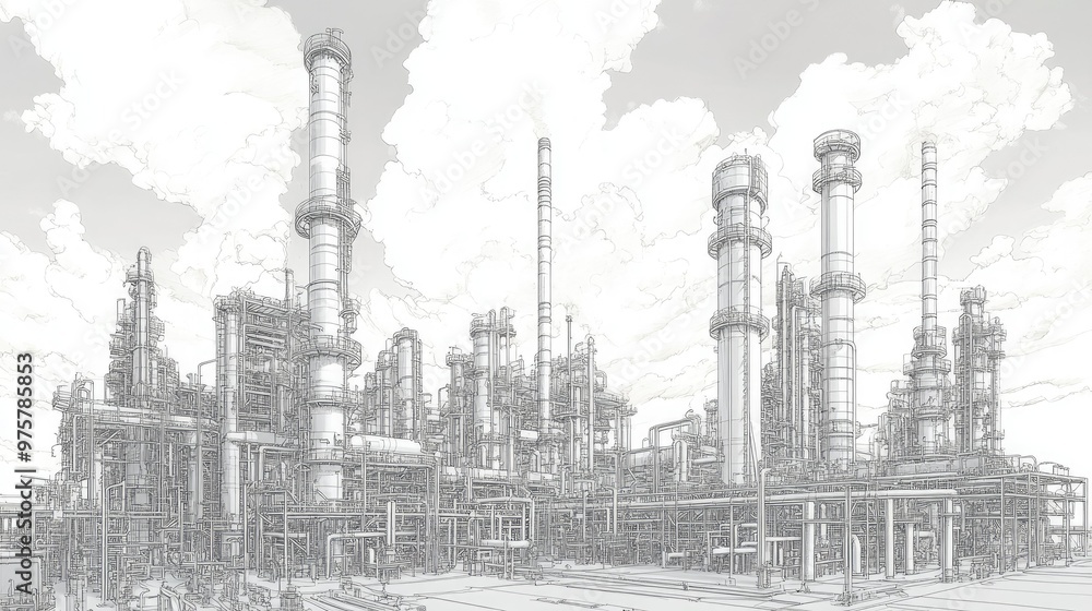 A technical line drawing of an oil refinery, showing a detailed network of pipes and chimneys, the sky in a distinct layer with industrial clouds. A technical line drawing of an oil refinery, showing a detailed network of pipes and chimneys, the sky in a distinct layer with industrial clouds.