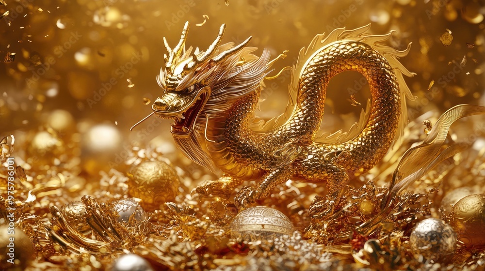 Golden dragon dancing above a wealth of gold and silver treasures, representing fortune and prosperity during the Chinese New Year. Golden dragon dancing above a wealth of gold and silver treasures, representing fortune and prosperity during the Chinese New Year.