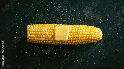 A top-down view of sweet corn on the cob with a pat of melting butter on top, ready to eat, against a dark background. photo