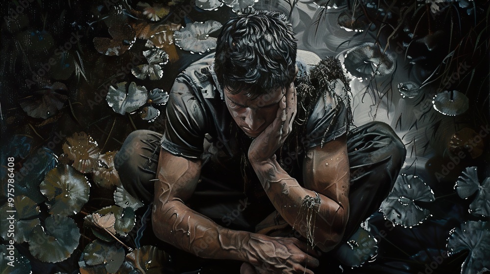 A Man Contemplating in a Dark Pond A Man Contemplating in a Dark Pond
