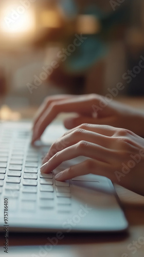 person typing on keyboard close up, work concept, created with generative AI technology