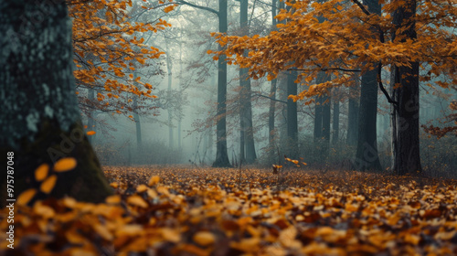 The bright sun is shining through the trees in the beautiful autumn forest
