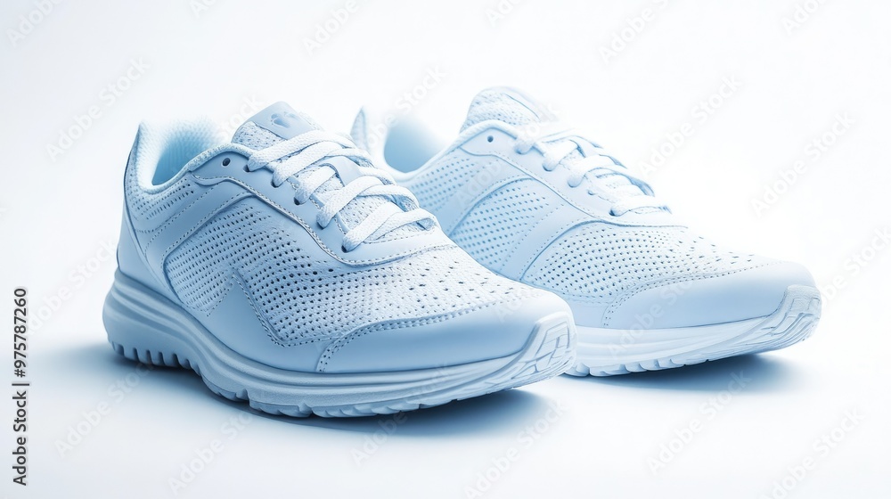 Classic running sneakers in sky blue on a white background, neatly placed side by side, capturing their lightweight design. Classic running sneakers in sky blue on a white background, neatly placed side by side, capturing their lightweight design.