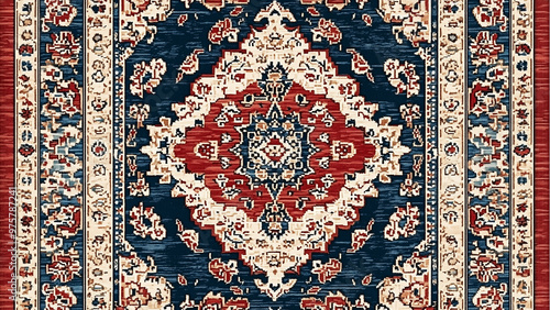 Intricate Tradition: Turkish Rug in Red, Blue, and Cream with Ornate Border photo