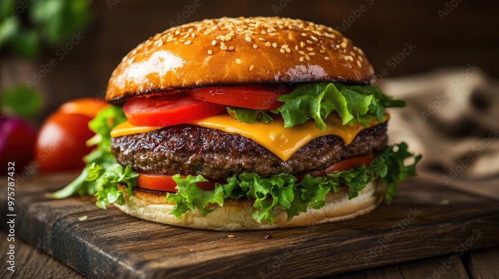 Juicy homemade hamburger with fresh lettuce, tomatoes, and cheese, served on a rustic wooden board Juicy homemade hamburger with fresh lettuce, tomatoes, and cheese, served on a rustic wooden board
