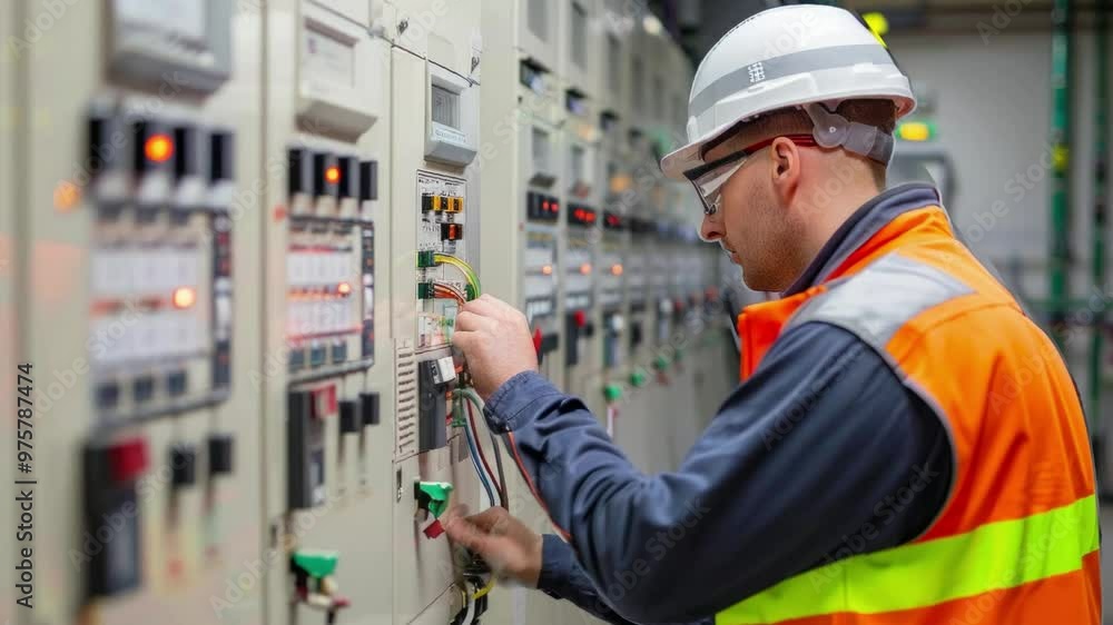 Male engineer in safety gear works on electrical cabinet in industrial setting. Focused and professional demeanor while adjusting components. Male engineer in safety gear works on electrical cabinet in industrial setting. Focused and professional demeanor while adjusting components.