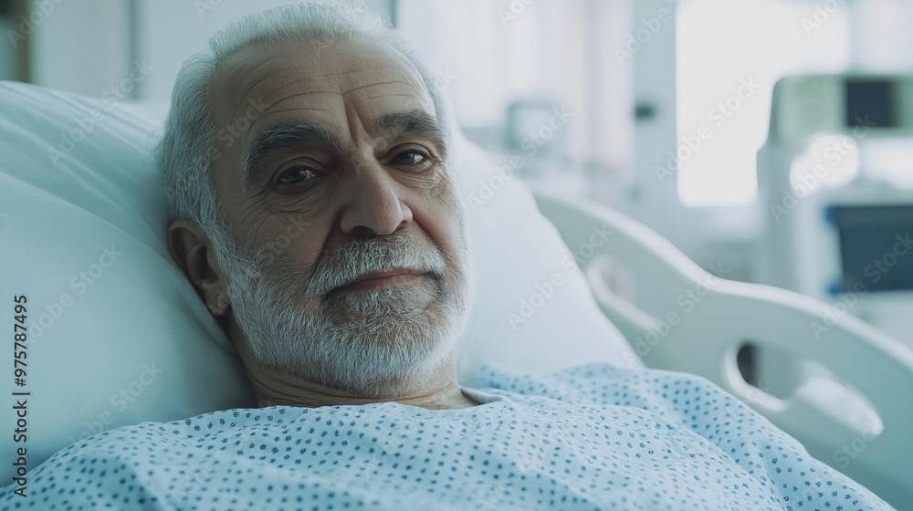 Obraz premium Middle Eastern Elderly Man Lying in Hospital Bed, Medical Care Scene, Health and Recovery, Patient Resting in Hospital