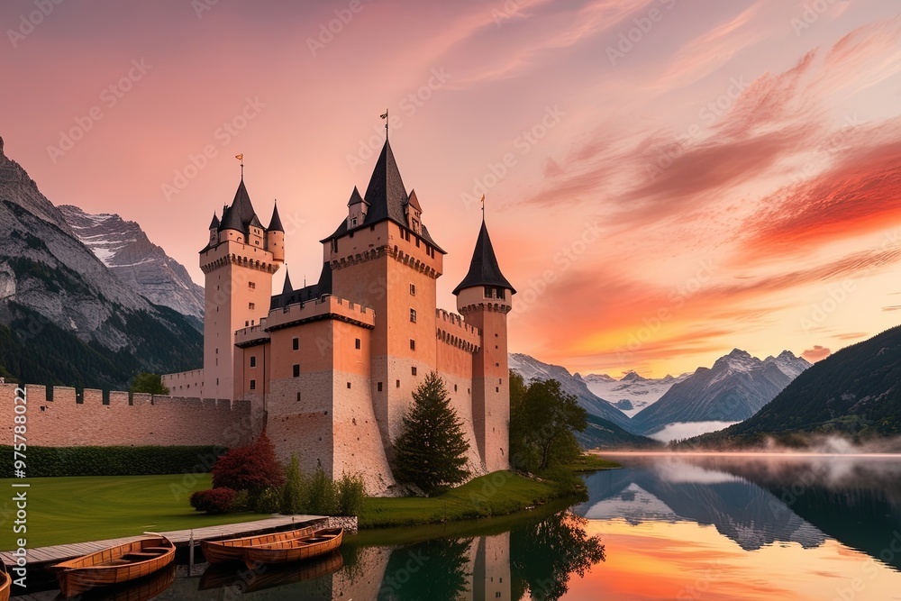 Fototapeta premium A breathtaking sunset in the mountains, viewed from the stone ramparts of a medieval castle, its towers and battlements bathed in a warm