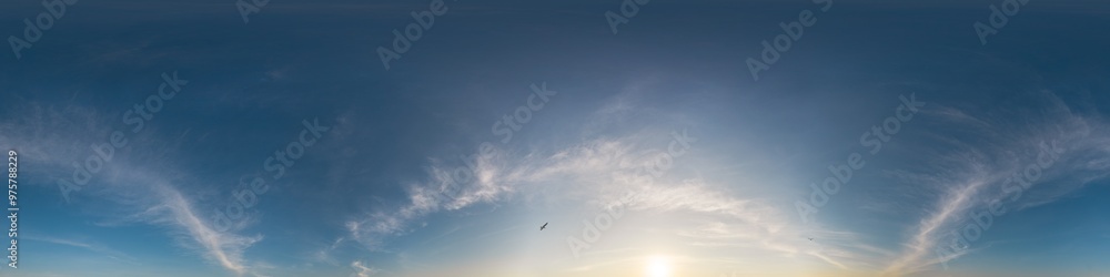 360 panorama of glowing sunset sky with bright Cirrus clouds. HDR 360 seamless spherical panorama. Full zenith or sky dome sky replacement for aerial drone panoramas. Climate and weather change. 360 panorama of glowing sunset sky with bright Cirrus clouds. HDR 360 seamless spherical panorama. Full zenith or sky dome sky replacement for aerial drone panoramas. Climate and weather change.