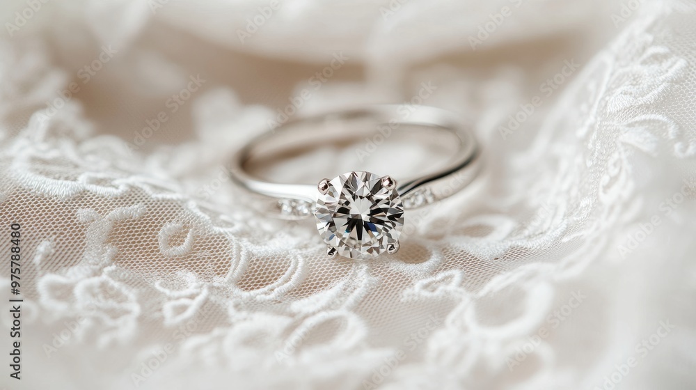 A close-up of a classic solitaire diamond ring resting on a white lace wedding veil A close-up of a classic solitaire diamond ring resting on a white lace wedding veil