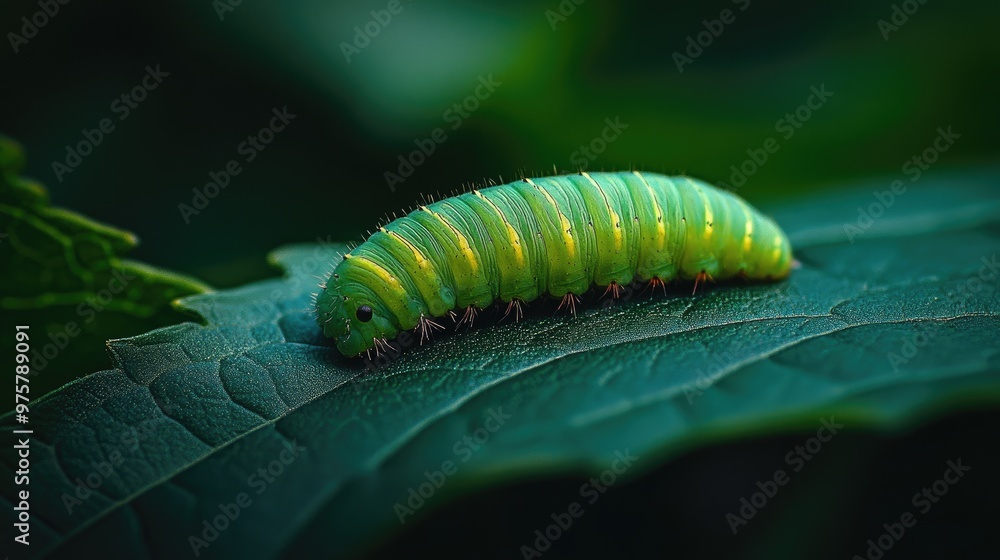 Fototapeta premium A vibrant green caterpillar crawls across a glossy dark green leaf, its tiny legs moving against the smooth surface in a close-up shot.