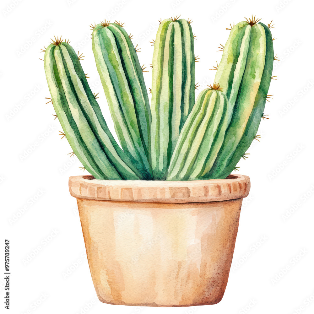 Potted cactus watercolor illustration with vibrant green stems and a simple clay pot, depicting a minimalist and natural desert plant. Isolated on transparent background, png. Potted cactus watercolor illustration with vibrant green stems and a simple clay pot, depicting a minimalist and natural desert plant. Isolated on transparent background, png.