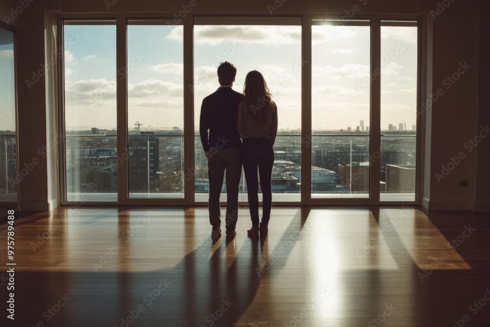 A couple stands together in a modern apartment. They admire the stunning skyline and sunlight streaming through large windows. This captures love and hope. Generative AI A couple stands together in a modern apartment. They admire the stunning skyline and sunlight streaming through large windows. This captures love and hope. Generative AI