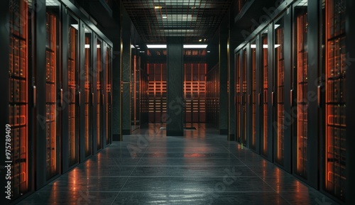 Wallpaper Mural Dimly lit server room with illuminated racks showcasing a futuristic technology environment Torontodigital.ca