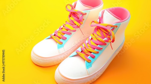 High-top sneakers with neon laces on a yellow background, emphasizing contrast and modern style. photo