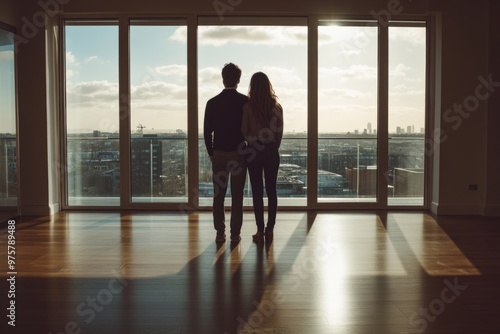A couple stands together in a modern apartment. They admire the stunning skyline and sunlight streaming through large windows. This captures love and hope. Generative AI