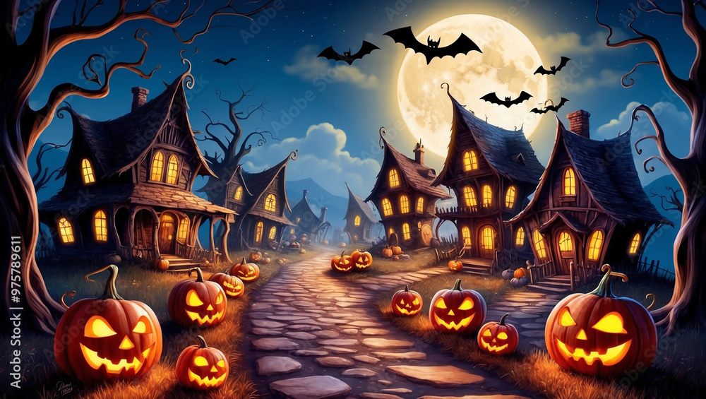 A spooky Halloween night in a haunted village illuminated by glowing jack-o-lanterns along a cobblestone path. A spooky Halloween night in a haunted village illuminated by glowing jack-o-lanterns along a cobblestone path.