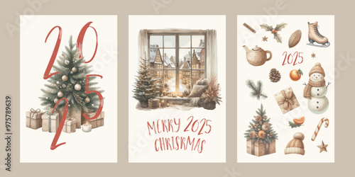 Merry Christmas and happy new year watercolor posters. Cozy Christmas interior and winter countryside landscape.