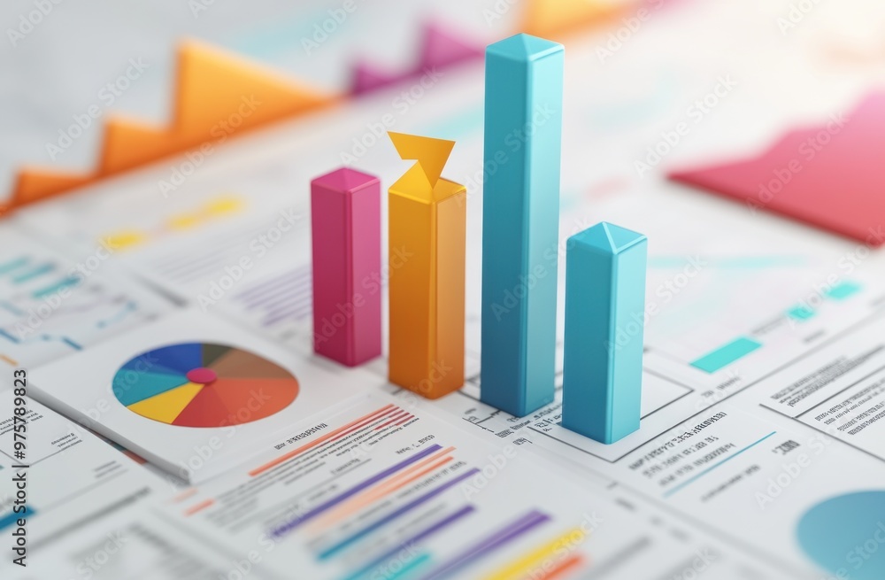 Financial Growth and Progress Represented by Colorful Bar Graph on Documents Financial Growth and Progress Represented by Colorful Bar Graph on Documents