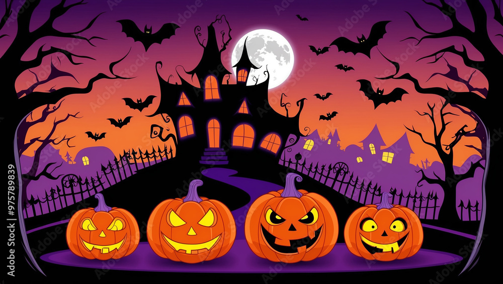 A spooky Halloween scene featuring three glowing jack-o-lanterns in front of a haunted house under a full moon, with flying bats and eerie, leafless trees. Perfect for Halloween themes and holiday des A spooky Halloween scene featuring three glowing jack-o-lanterns in front of a haunted house under a full moon, with flying bats and eerie, leafless trees. Perfect for Halloween themes and holiday des