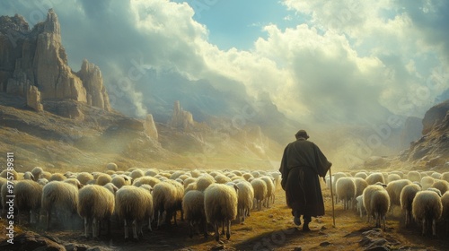 A lone shepherd leads a flock of sheep through a mountainous valley, bathed in warm sunlight.