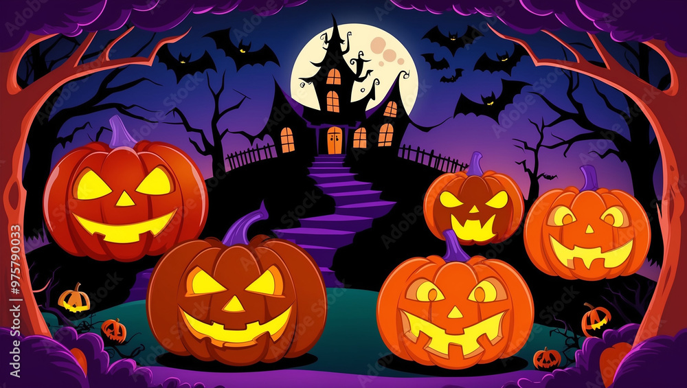 A spooky Halloween scene featuring three glowing jack-o-lanterns in front of a haunted house under a full moon, with flying bats and eerie, leafless trees. Perfect for Halloween themes and holiday des A spooky Halloween scene featuring three glowing jack-o-lanterns in front of a haunted house under a full moon, with flying bats and eerie, leafless trees. Perfect for Halloween themes and holiday des