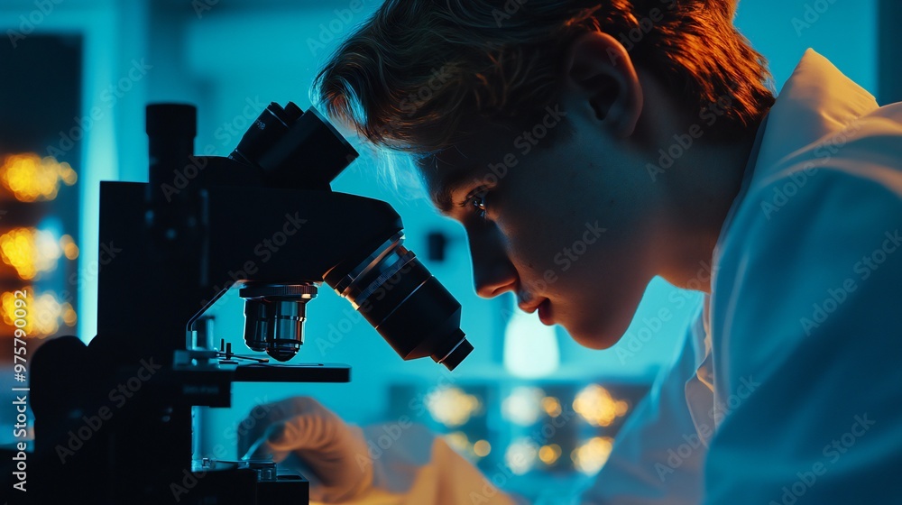 A student examines cells under a fluorescence microscope, adjusting the settings for a clear view. A student examines cells under a fluorescence microscope, adjusting the settings for a clear view.