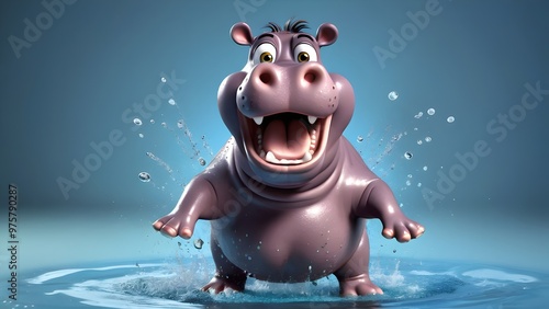 wide-eyed hippo standing in the middle of a water splash, looking surprised as water droplets fly up around it. Its mouth is wide open, and it has a playful, shocked expression. photo