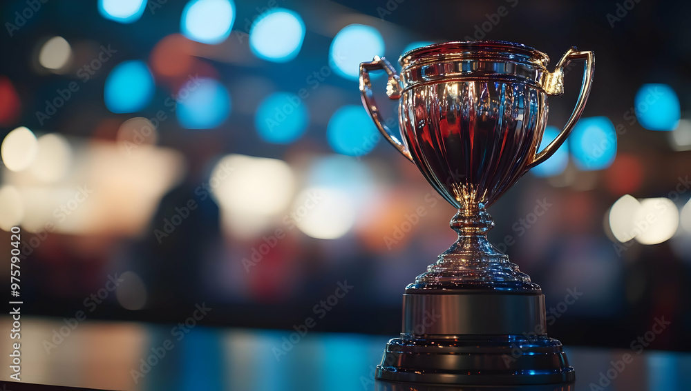 Shiny trophy displayed on a table, illuminated by colorful lights, symbolizing achievement and success in competition. Shiny trophy displayed on a table, illuminated by colorful lights, symbolizing achievement and success in competition.