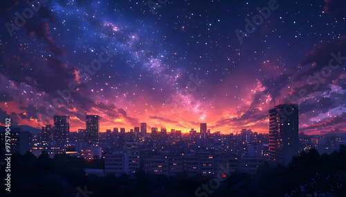 A stunning urban skyline under a vibrant twilight sky filled with stars and colorful clouds, creating a breathtaking nightscape.