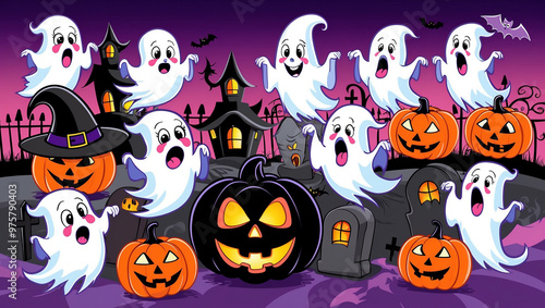 A fun and spooky Halloween scene filled with happy ghosts, glowing jack-o-lanterns, cute purple owls, and witch hats.