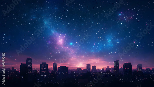 A breathtaking skyline under a starry night filled with vibrant galaxies, creating a dreamy cosmic atmosphere.