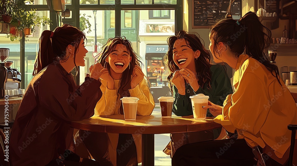 detailed image of friends laughing in a coffee shop showcasing their enjoyment and casual conversation with a focus on the social gathering and happy atmosphere detailed image of friends laughing in a coffee shop showcasing their enjoyment and casual conversation with a focus on the social gathering and happy atmosphere
