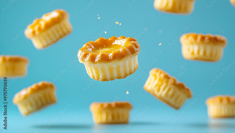 A playful arrangement of flying pastries against a vibrant blue background, capturing a sense of joy and deliciousness in motion. A playful arrangement of flying pastries against a vibrant blue background, capturing a sense of joy and deliciousness in motion.