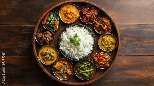 Indian meals for lunch rice with vegetables and curry | Indian thali photo