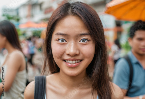 young Asian woman or teenage girl, walking in a side street in the old town in a shopping street in summer or spring with warm summer temperatures, people on the move