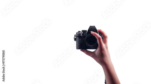 Hand is holding a camera on transparent background