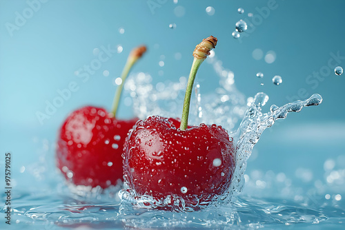 Fresh cherries splash into water, creating dynamic droplets. A vibrant image showcasing fruit freshness and vitality.
