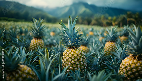 Lush pineapple field with vibrant foliage and mountainous backdrop under a dramatic sky, ideal for tropical themes.