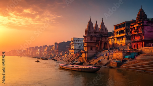 Varanasi city with ancient architecture. View of the holy Manikarnika ghat at Varanasi India at sunset, 