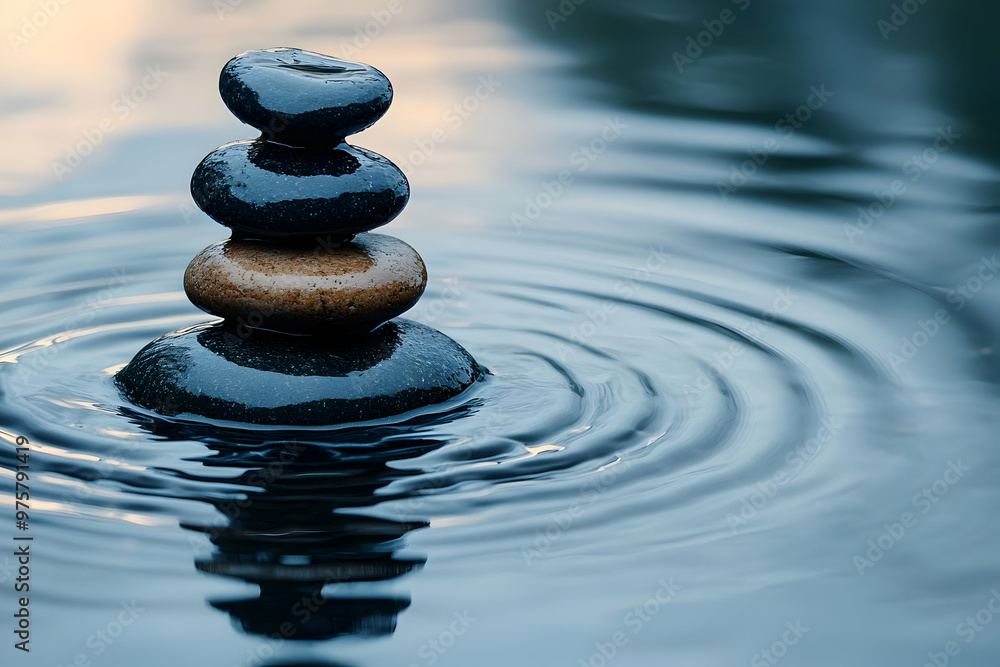A serene stack of stones balanced on water, creating peaceful ripples and embodying tranquility and harmony in nature. A serene stack of stones balanced on water, creating peaceful ripples and embodying tranquility and harmony in nature.