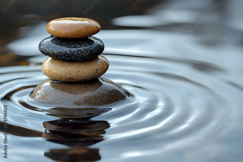 A serene stack of smooth stones resting on calm water, creating ripples that enhance tranquility and harmony. A serene stack of smooth stones resting on calm water, creating ripples that enhance tranquility and harmony.