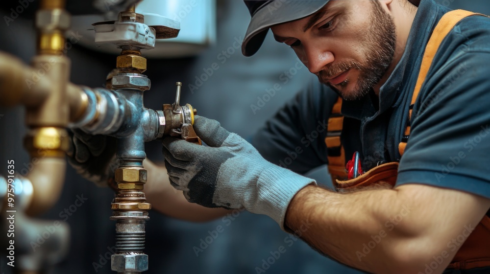 Naklejka premium A plumber working on a pipe system in a basement, adjusting a valve with a wrench.