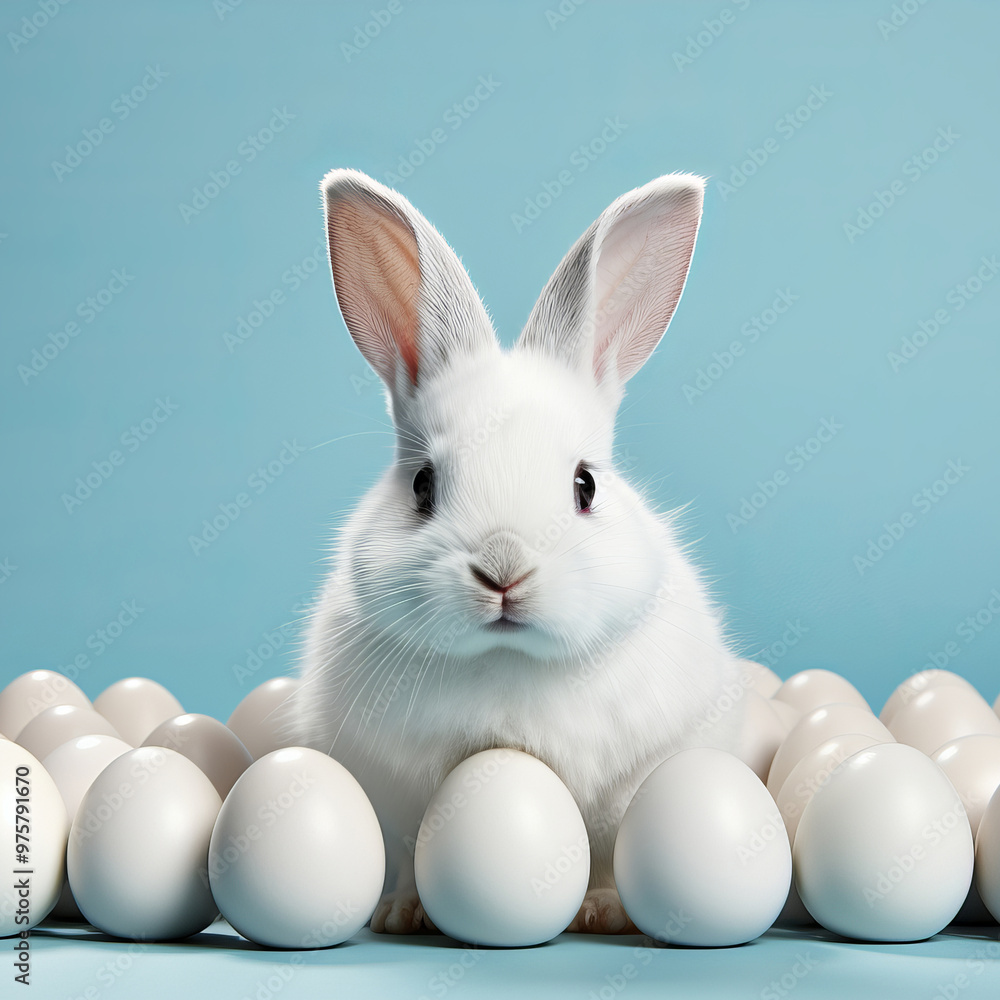 Fototapeta premium White Rabbit Surrounded by Easter Eggs on Blue Background, Signifying Joyful Easter Celebration